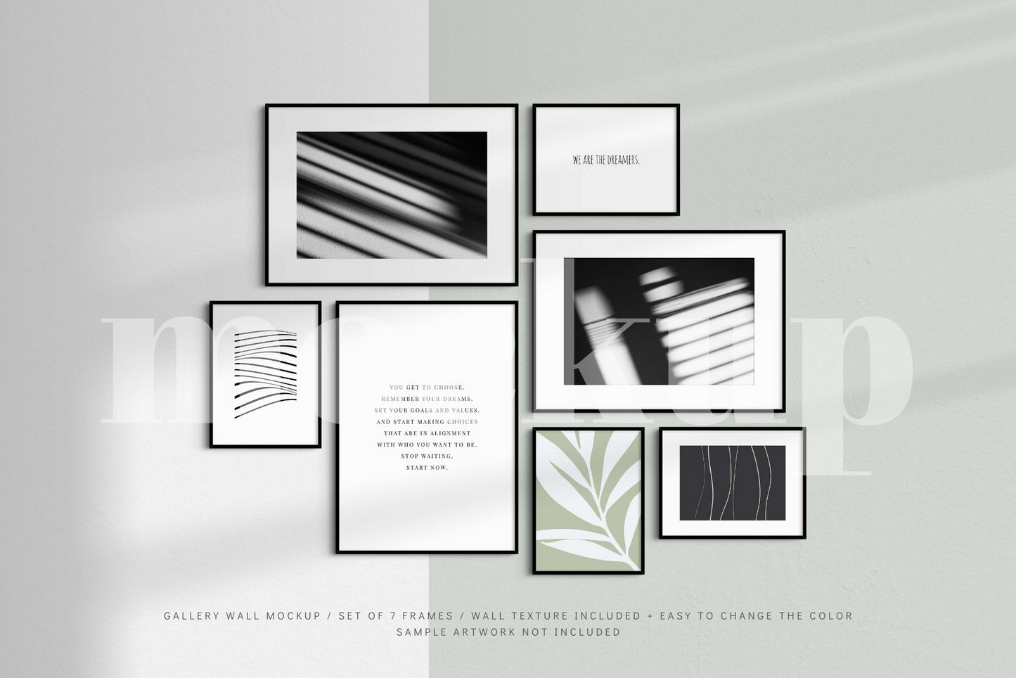 A modern, minimalist gallery wall mockup that features a set of 7 thin black frames.