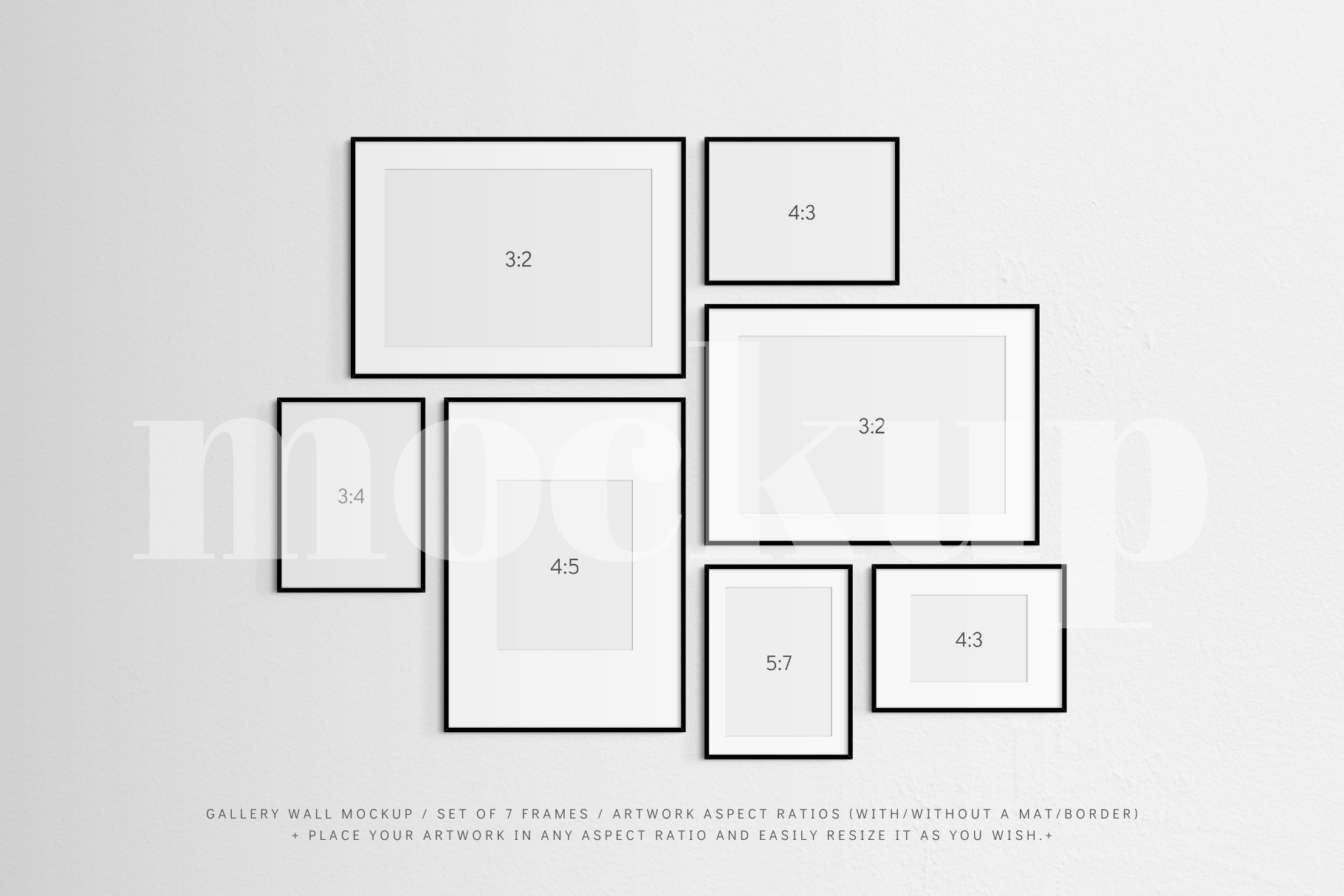 A gallery wall frame mockup that features a set of 7 thin black frames with or without a white mat (passe-partout) border.