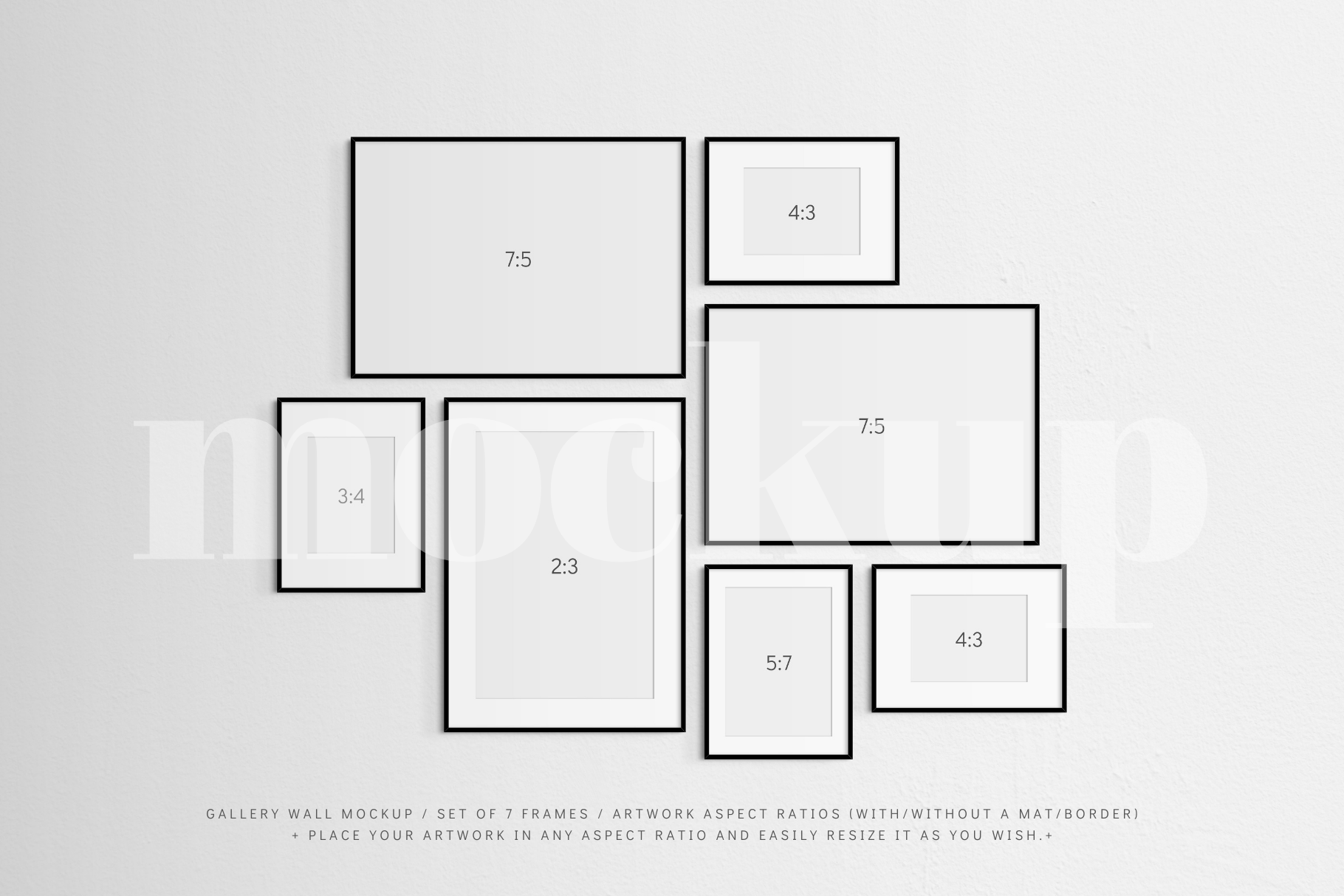 Set of 7 black frames. A customizable and easy-to-use gallery wall frame mockup.
