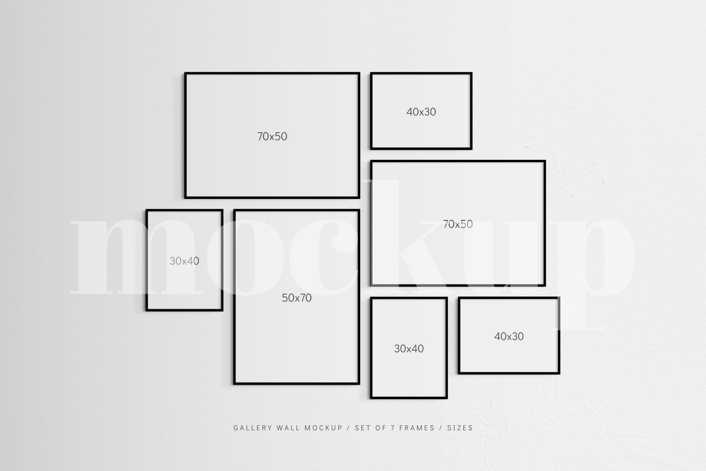 A modern, minimalist gallery wall frame mockup that features a set of 7 horizontal and vertical black frames.