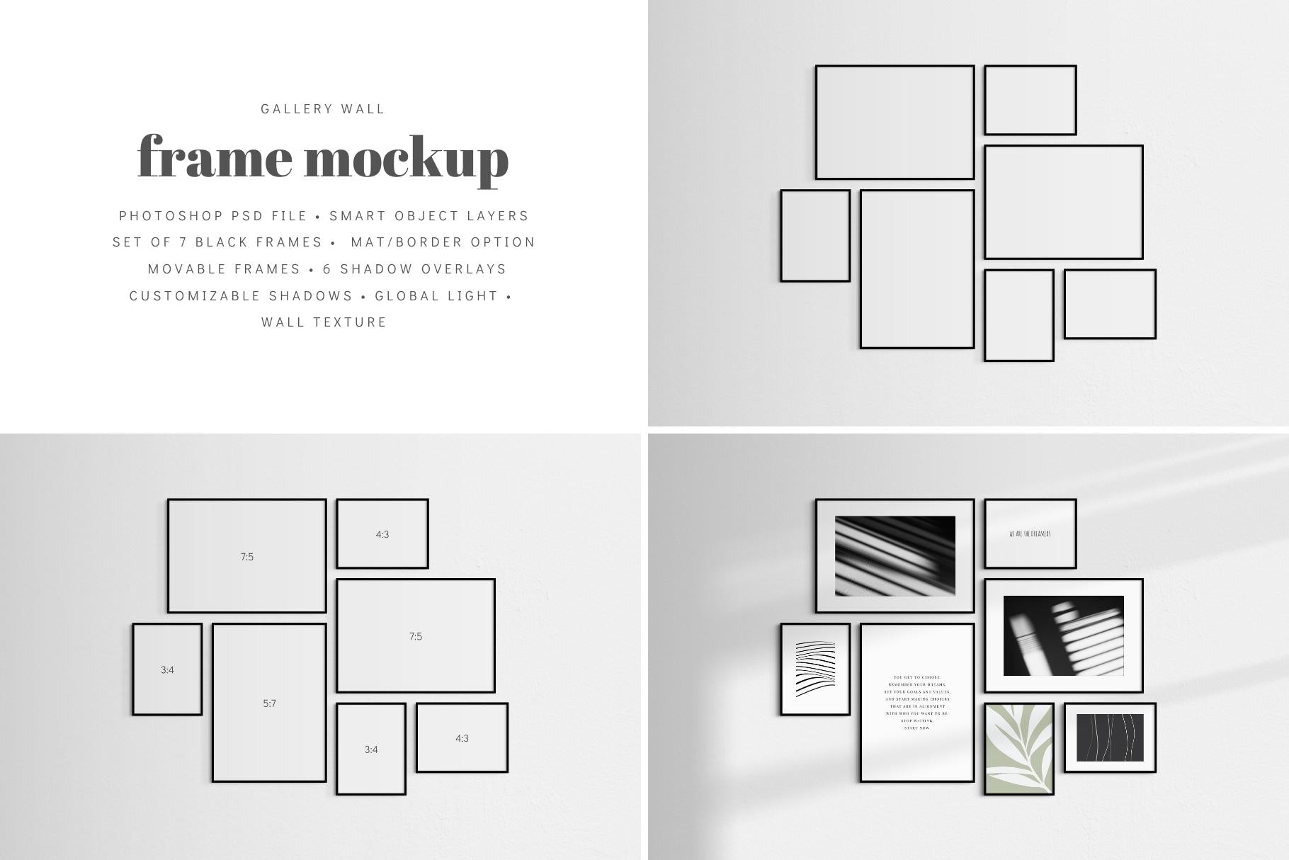 Gallery Wall Mockup | Set of 7 Thin Black Frames | Frame Mockup | PSD