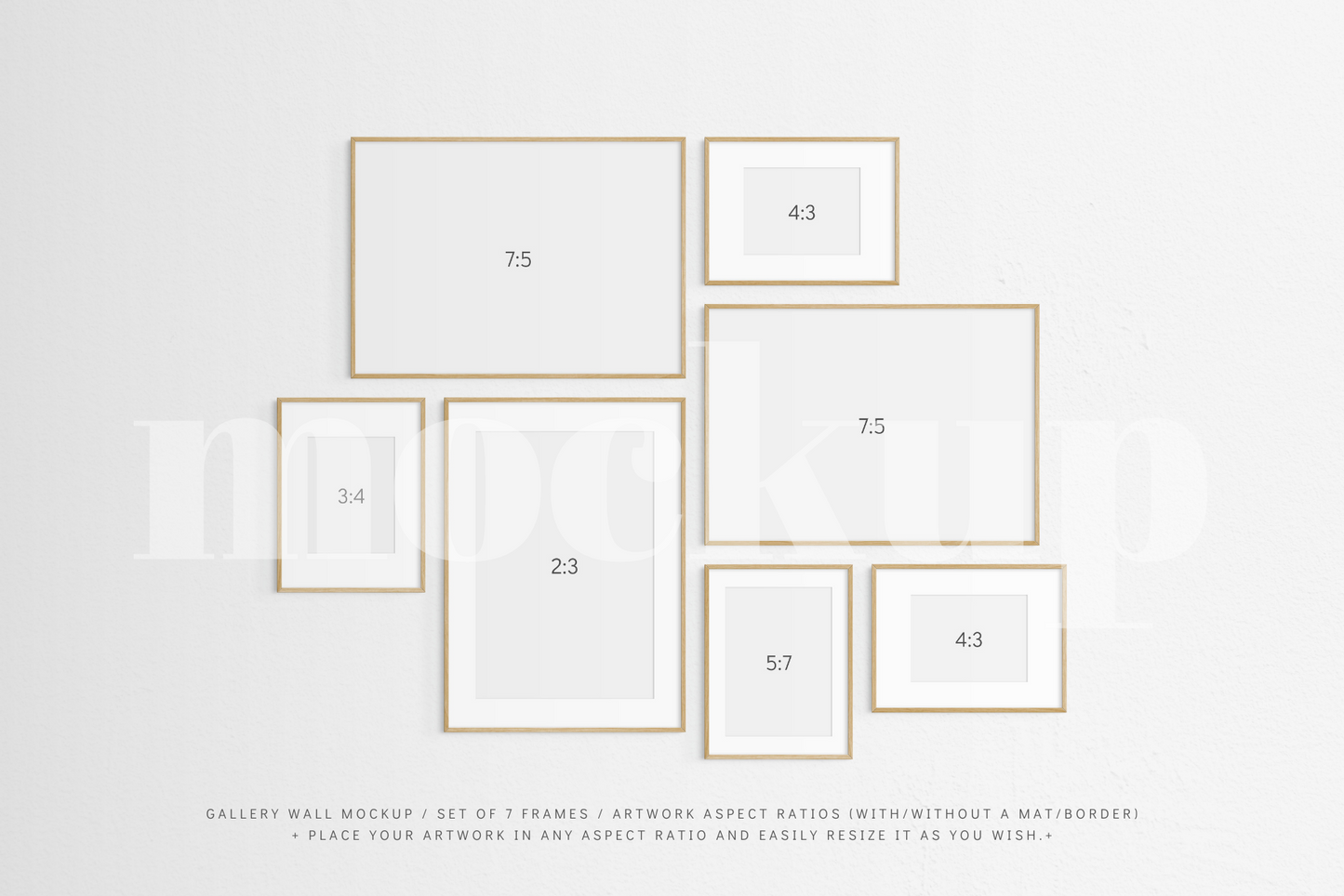 Gallery Wall Mockup | Set of 7 Frames | Frame Mockup | Oak Timber | PSD