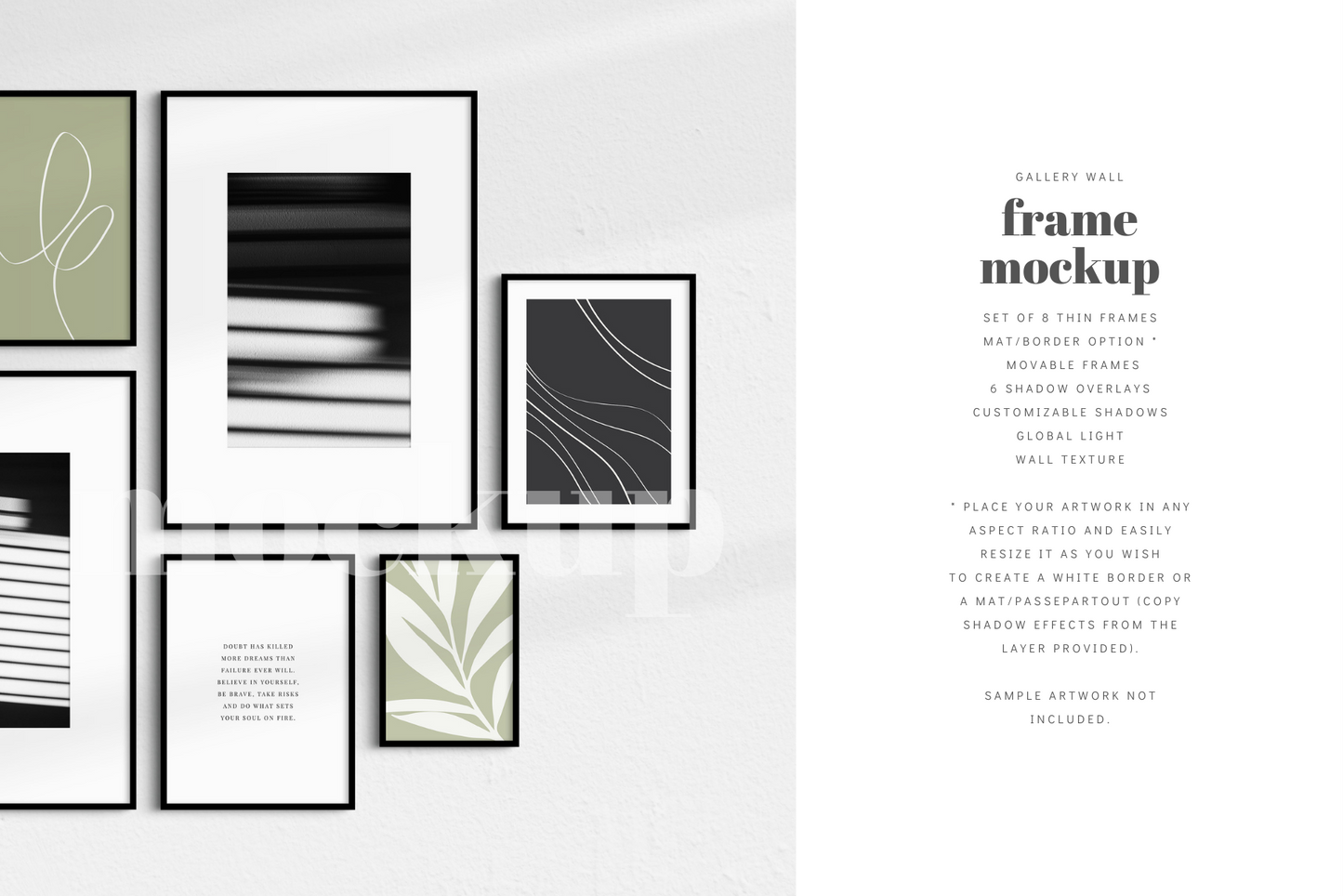 Gallery Wall Mockup | Set of 8 Thin Black Frames | Frame Mockup | PSD