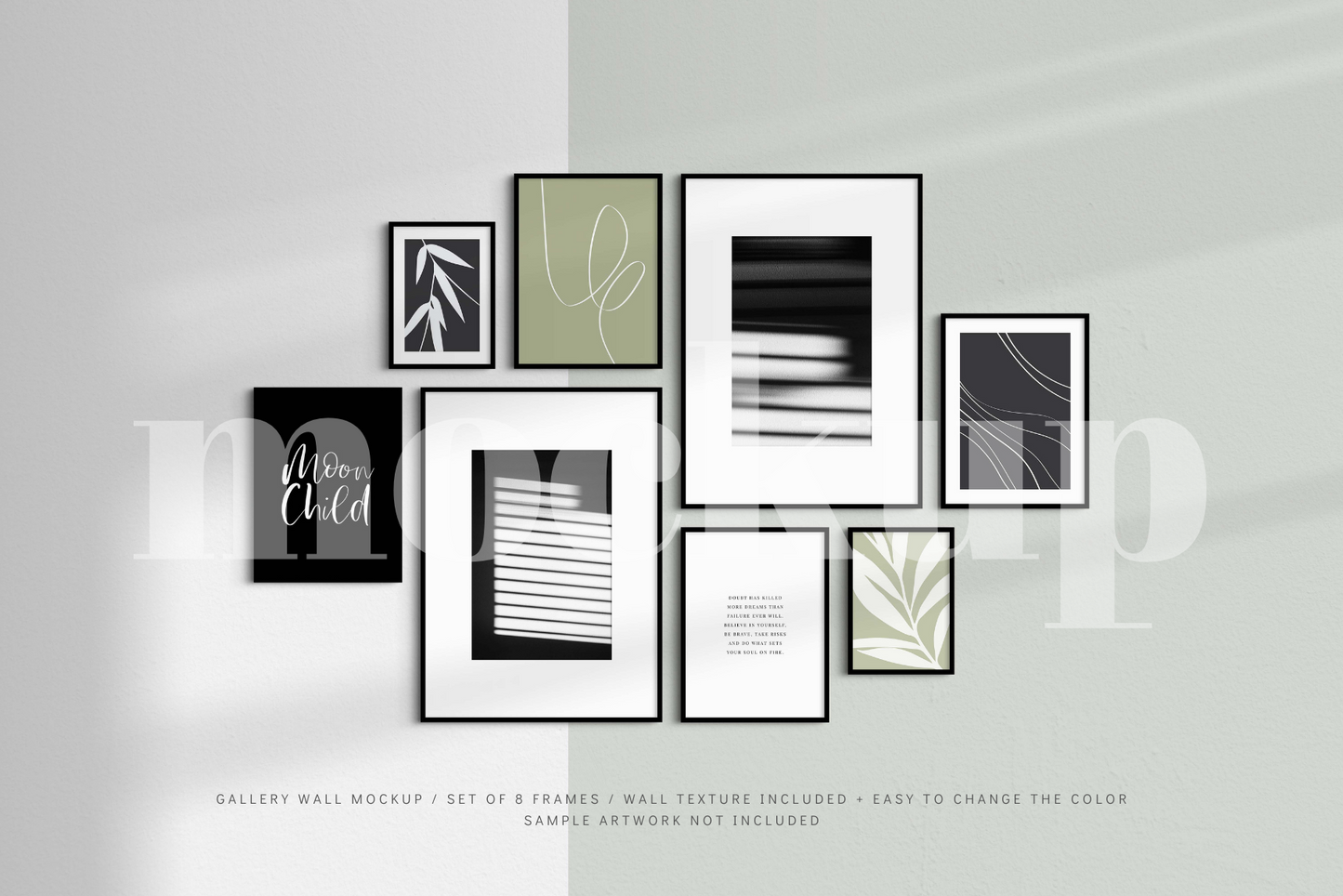 Showcase your artwork in an elegant, modern way with this customizable and easy-to-use minimalist gallery wall frame mockup that features a set of 8 thin black frames.