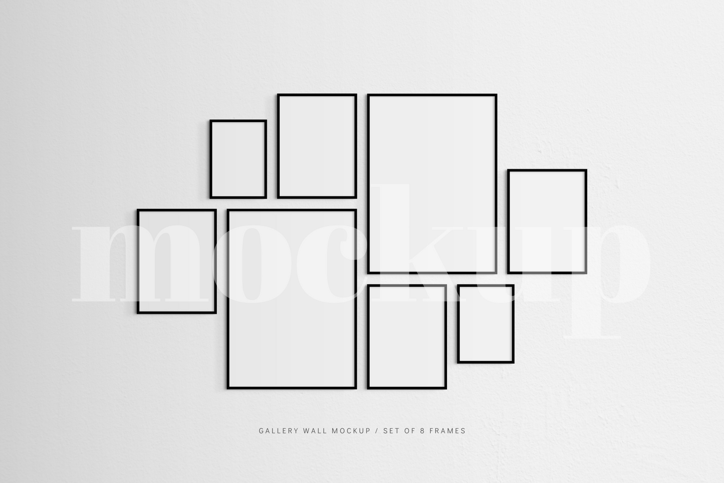 A modern, minimalist gallery wall mockup that features a set of 8 thin black frames.