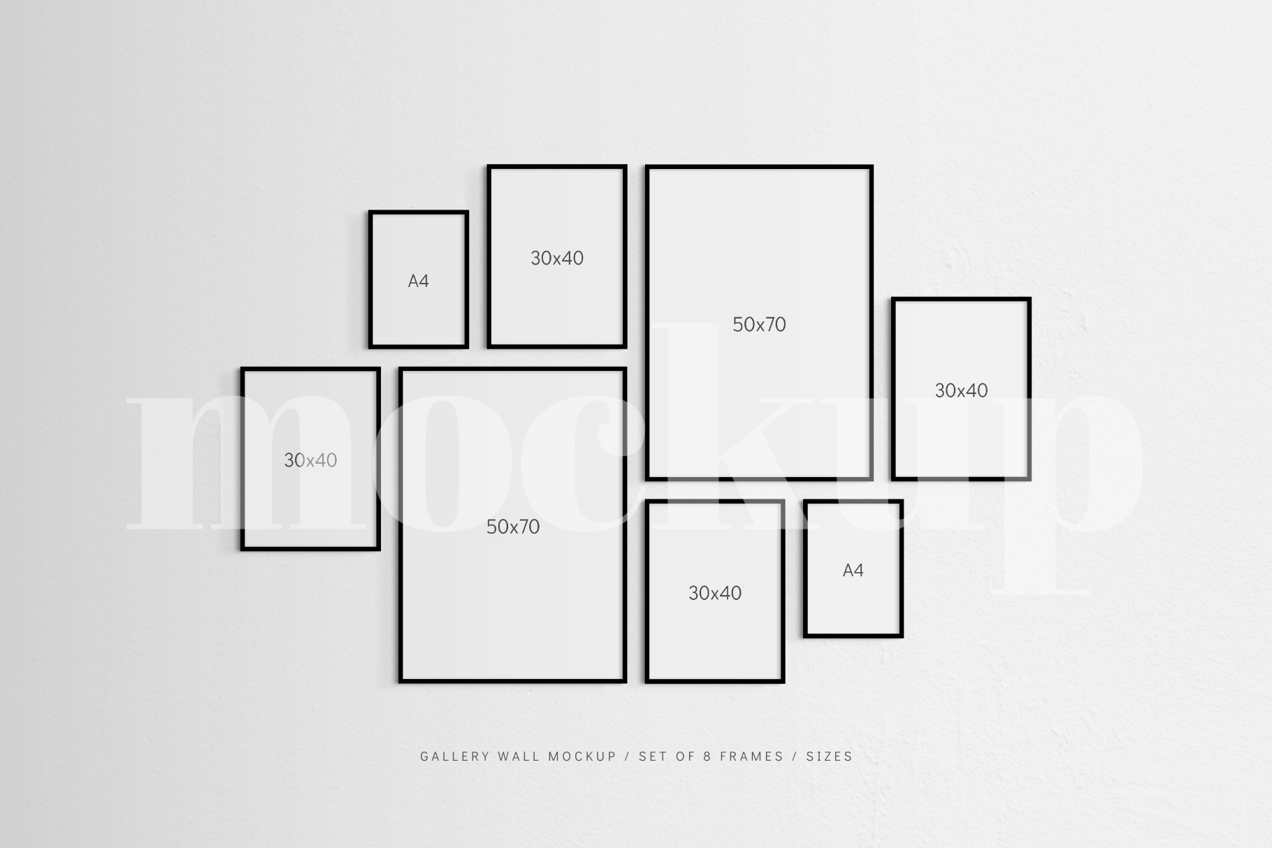 A gallery wall frame mockup that features a set of 8 vertical black frames.