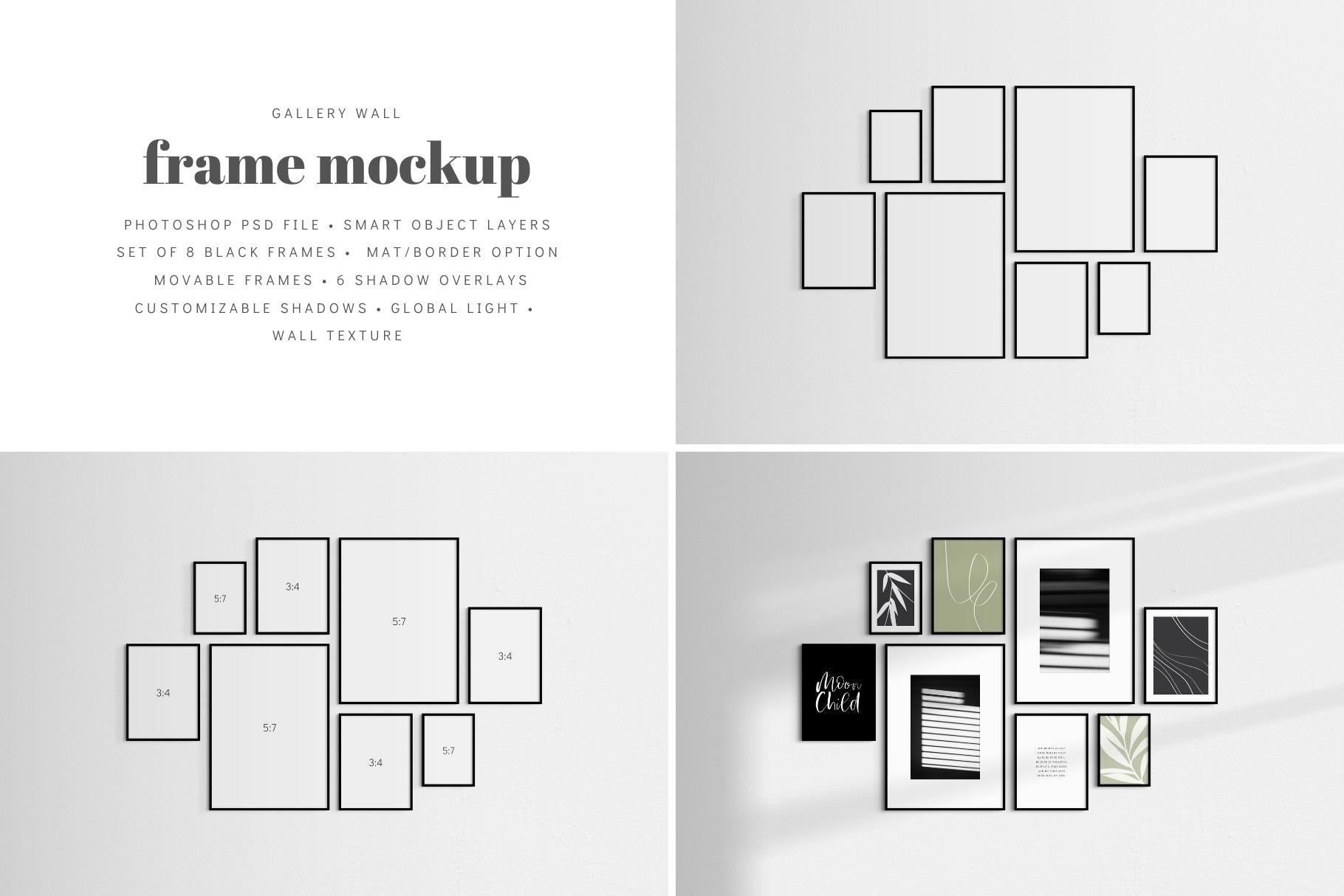 Gallery wall mockup that features a set of 8 thin black frames.