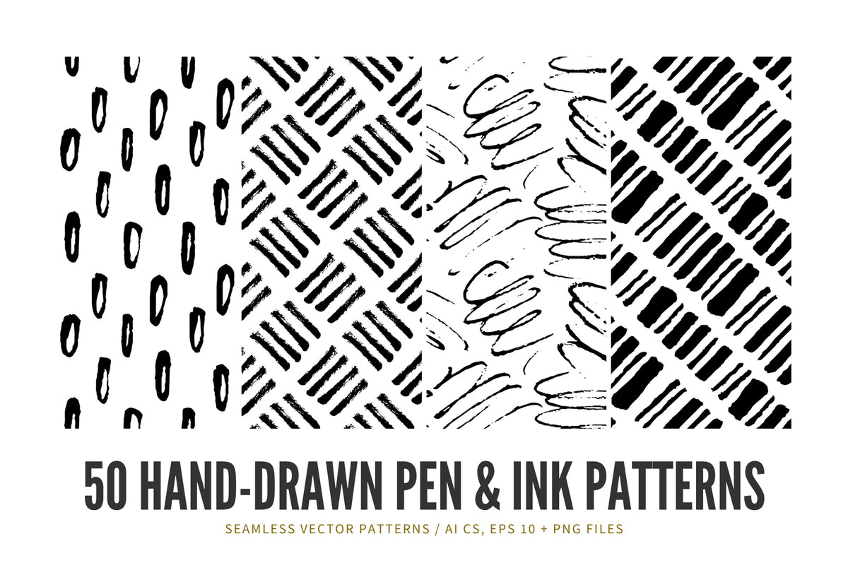 50 Hand-Drawn Seamless Vector Patterns 01 Pen & Ink Patterns, Doodle P ...