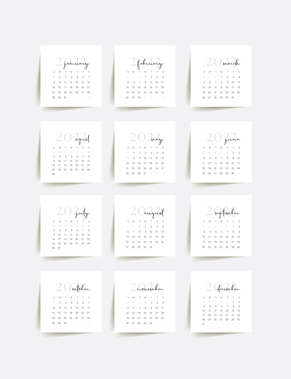 2023 Calendar | 3x3 | 2x2 | Printable Mini Calendar 2023 | Planner Cards | Minimal Aesthetic | Clean Design |  PAPER MOON Art & Design