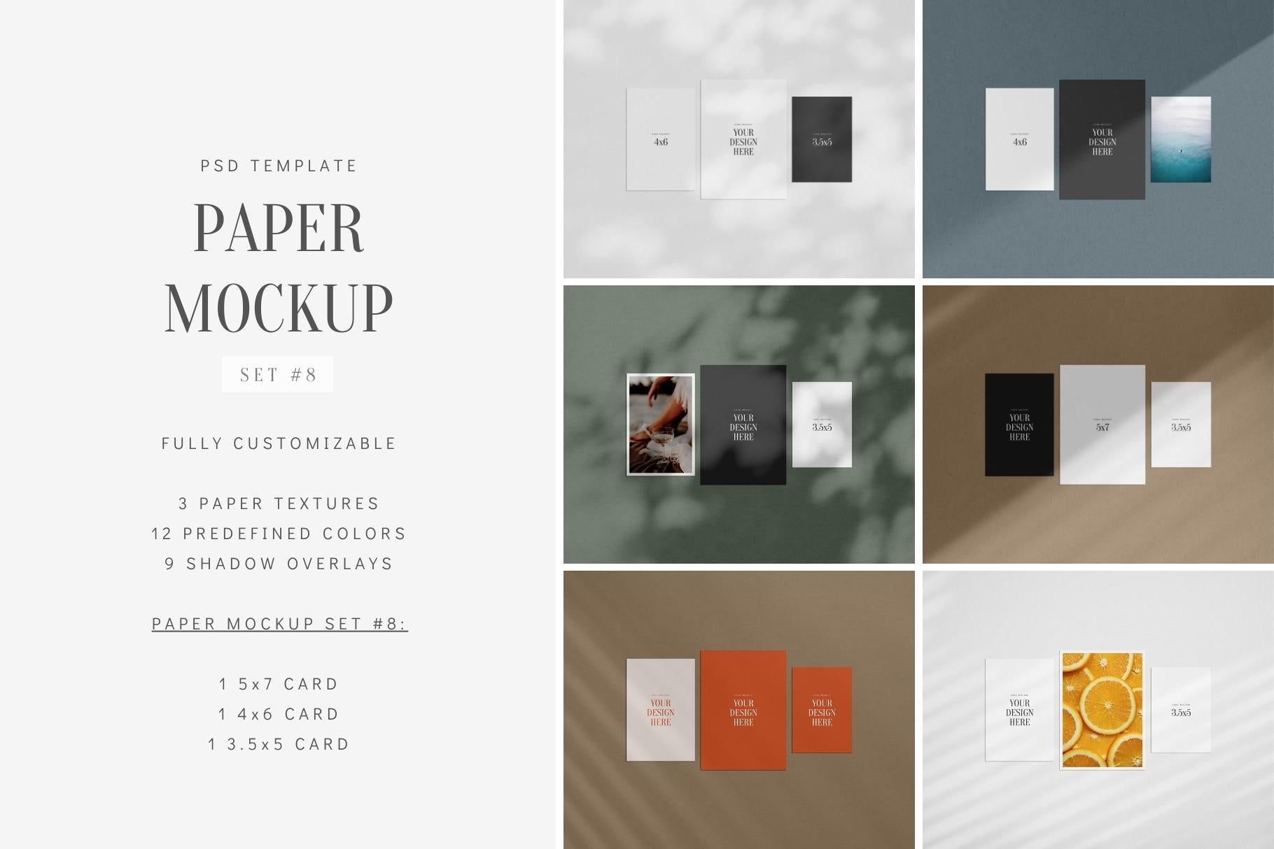 PAPER MOCKUP SET #8 | Card Mockup: 4x6, 5x7, 3.5x5 | PSD Mockup