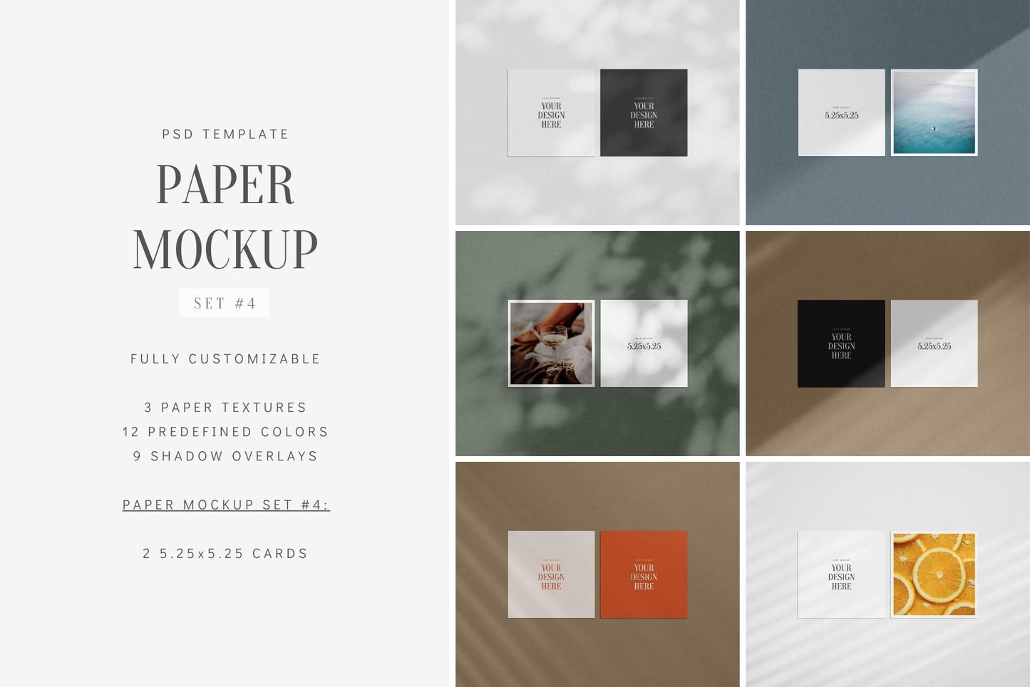 PAPER MOCKUP SET #4 | 5.25x5.25 Square Card Mockup | PSD Mockup