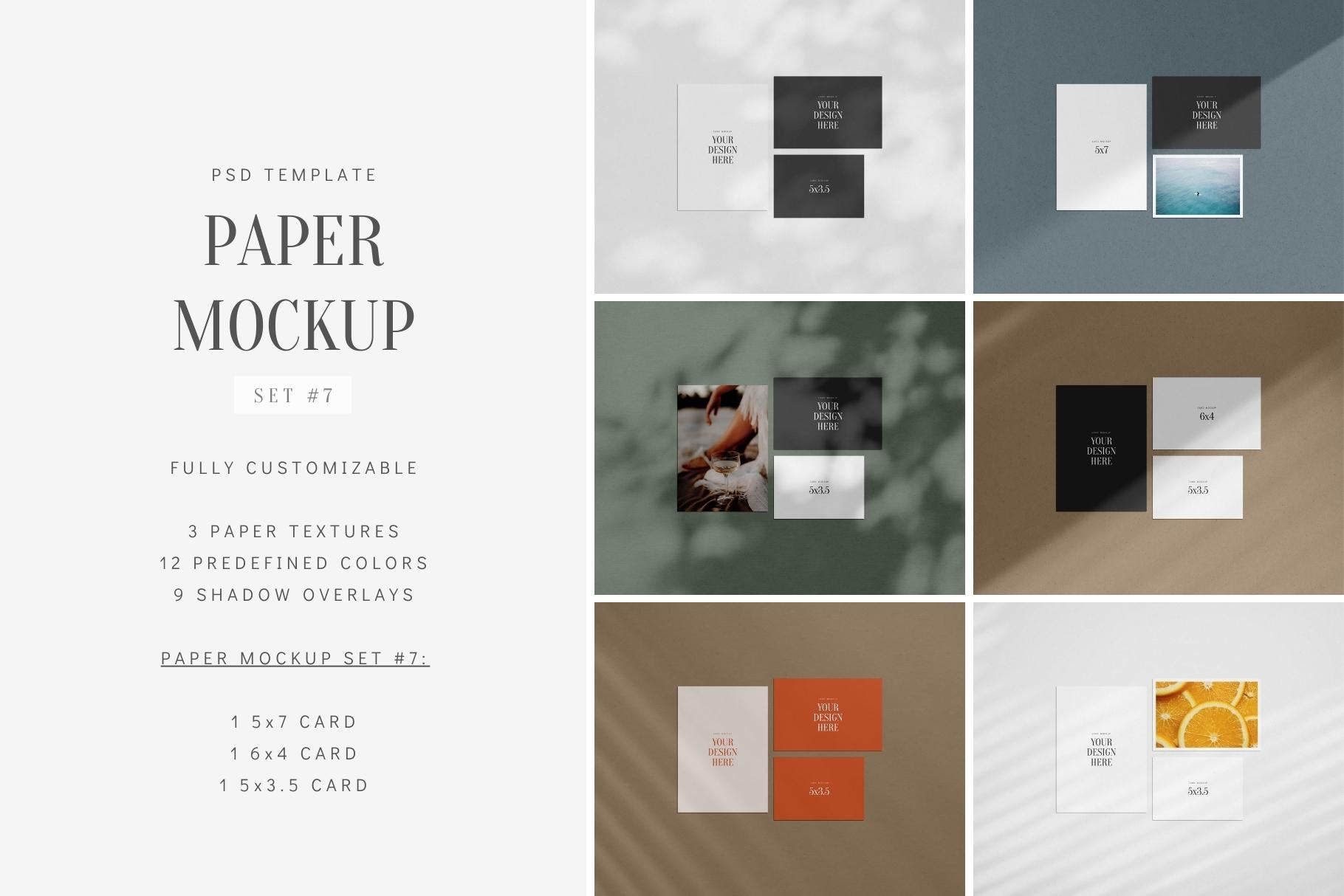 PAPER MOCKUP SET #7 | Card Mockup: 5x7, 6x4, 5x3.5 | PSD Mockup