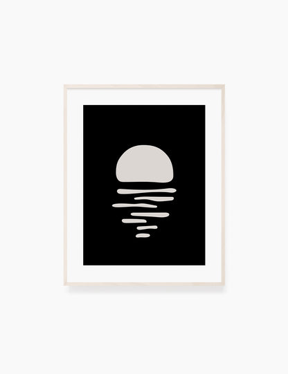Black and Beige Minimalist Art. Abstract Sun/Moon Reflection on the Water.