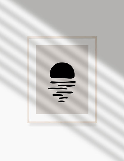 Black and Beige Minimalist Art. Abstract Sun/Moon Reflection on the Water.