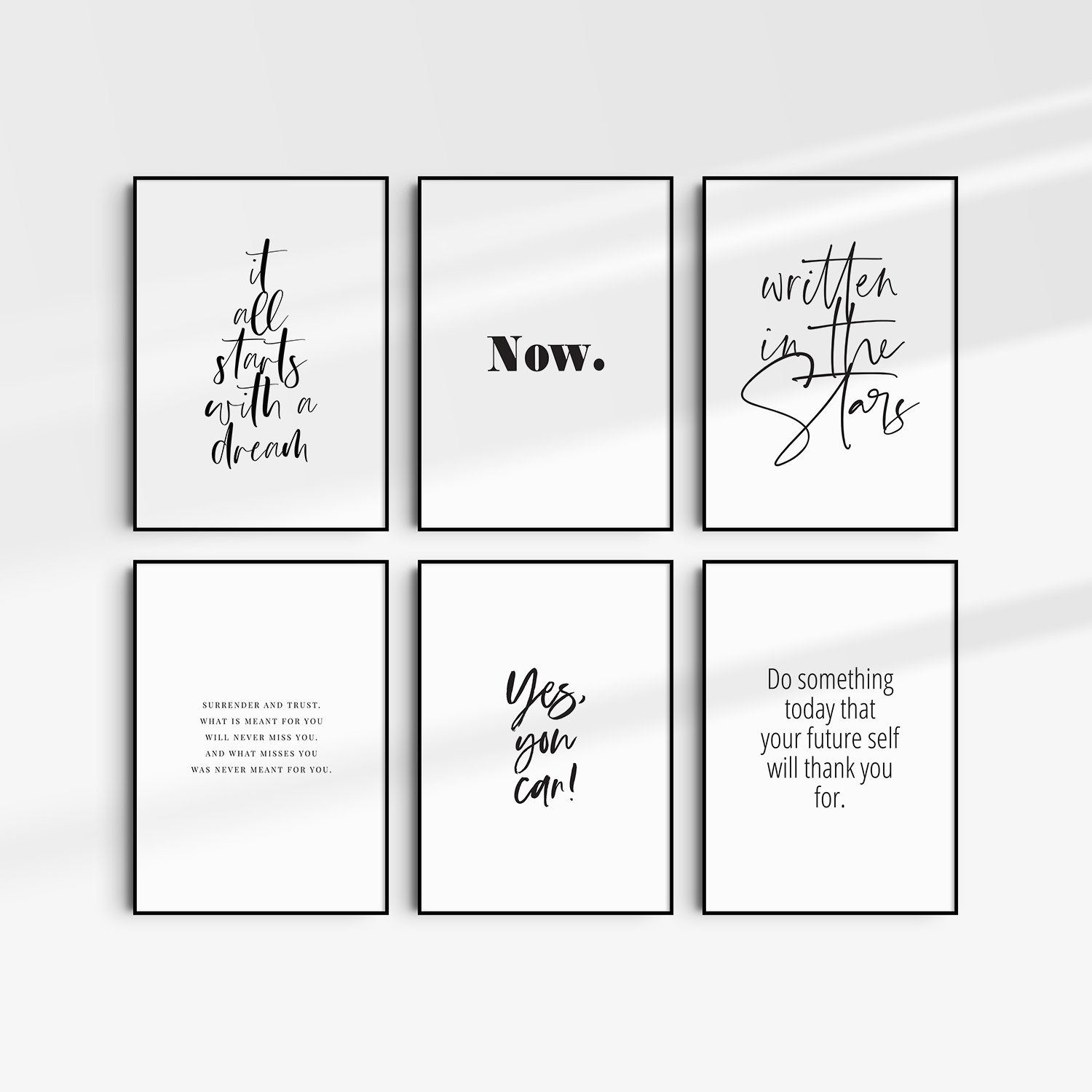 Printable wall art quotes. Set of 6 black and white inspirational and motivational quotes.