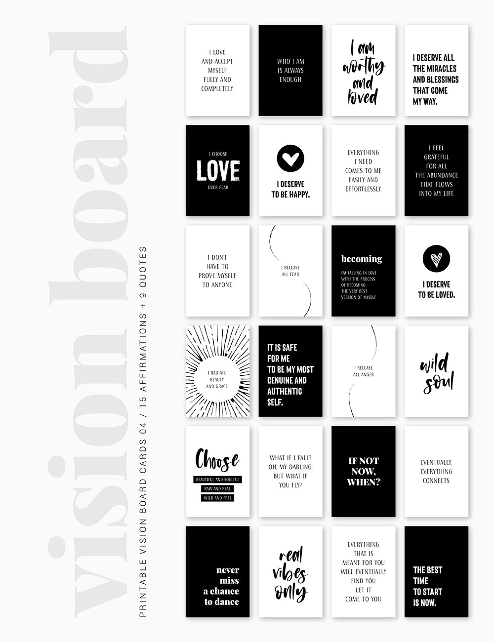 Vision Board Printables | Printable Vision Board Kit | Printable Affirmation Cards | Insprational & Motivational Quotes | Printable Quotes | Printable Journal & Planner Cards | 3.5x5 | 3x4 | 2x3 | PDF + JPEG | Planner Printables | Planner Accessories | Black and White | Clean Design | Minimal Aesthetic